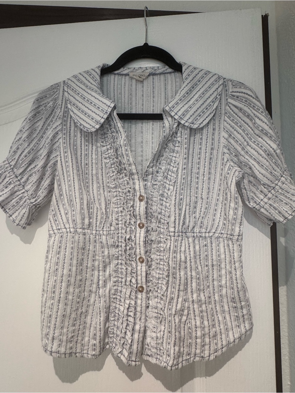 Pilcro White Button-Front Striped Ruffle Top